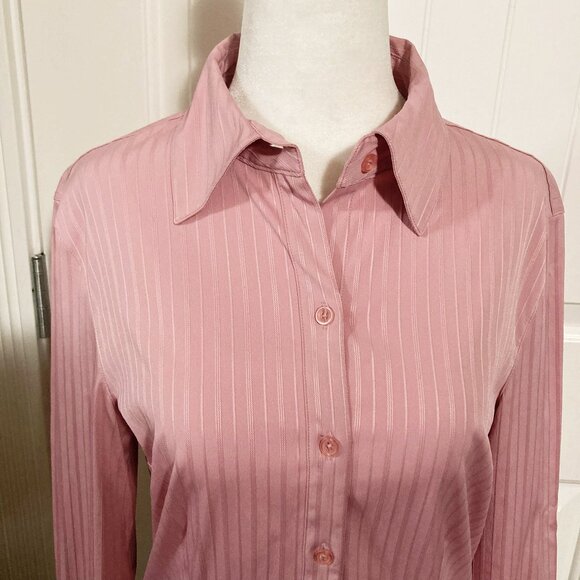 JESSICA Dusty rose pink vertical striped button-down shirt ~ MEDIUM LARGE blouse - Picture 3 of 14